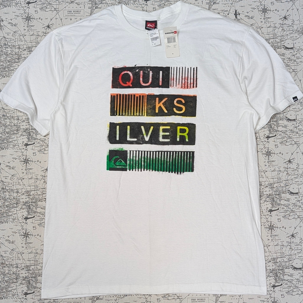 NWT Quiksilver Y2K White Tee with Multicolor Logo Graphic Size XL